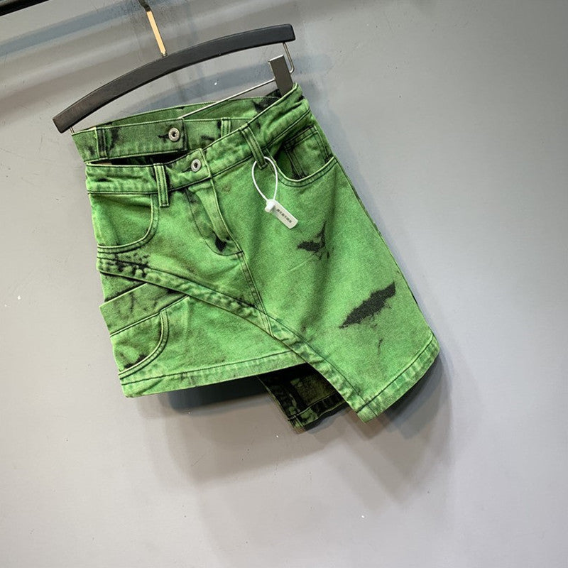 Double-row waist design green denim half-length skirt