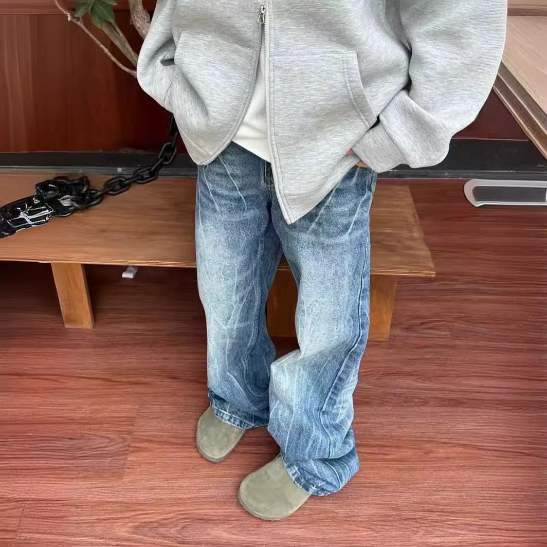 Men's Washed Distressed Straight Leg Slightly Flared Jeans