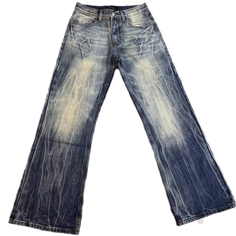 Men's Washed Distressed Straight Leg Slightly Flared Jeans