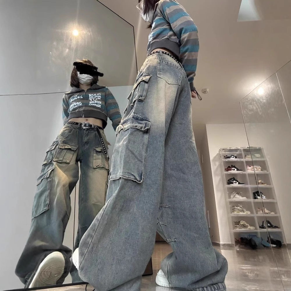 Women's Wide Leg Vintage Washed Workwear Jeans