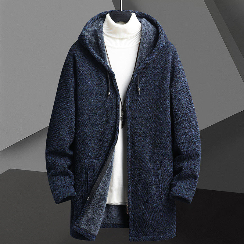Men's Hooded Sweater Cardigan Autumn Winter Mid-Length Jacket