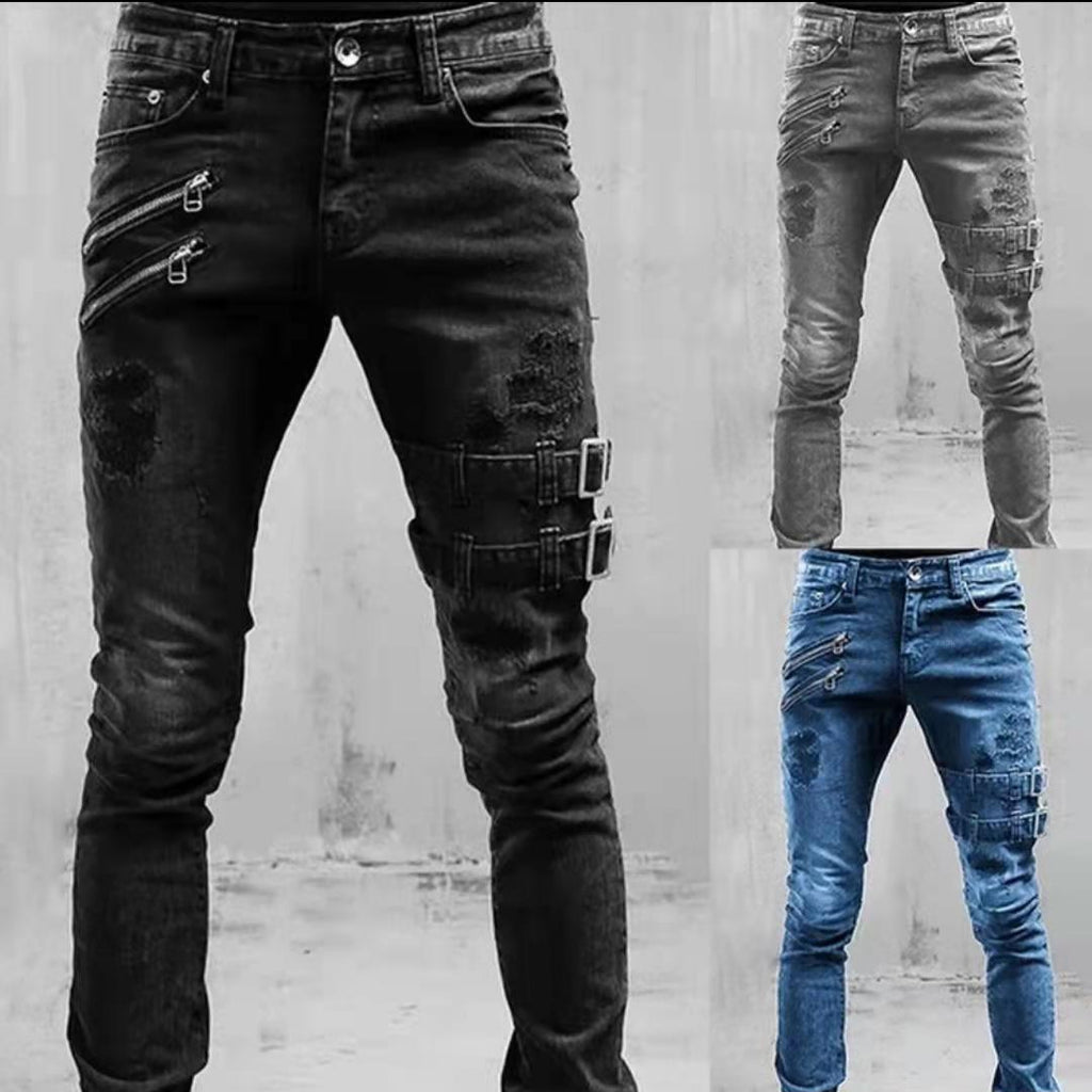 Slim-Fit Frayed Hole Motorcycle jeans