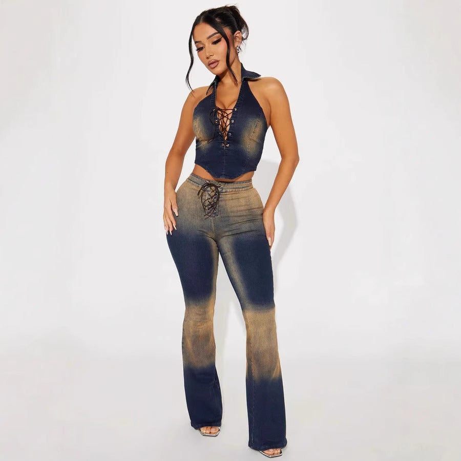 Slim-fit Elastic Flare Wash Jeans Two-piece Set