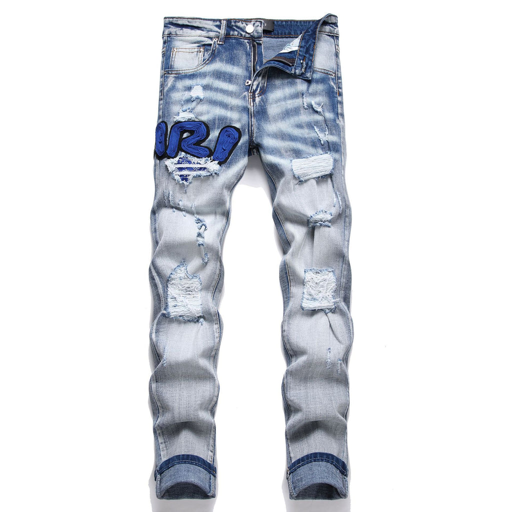 Amiri Blue Embroidered Distressed Patchwork Slim-Fit Jeans