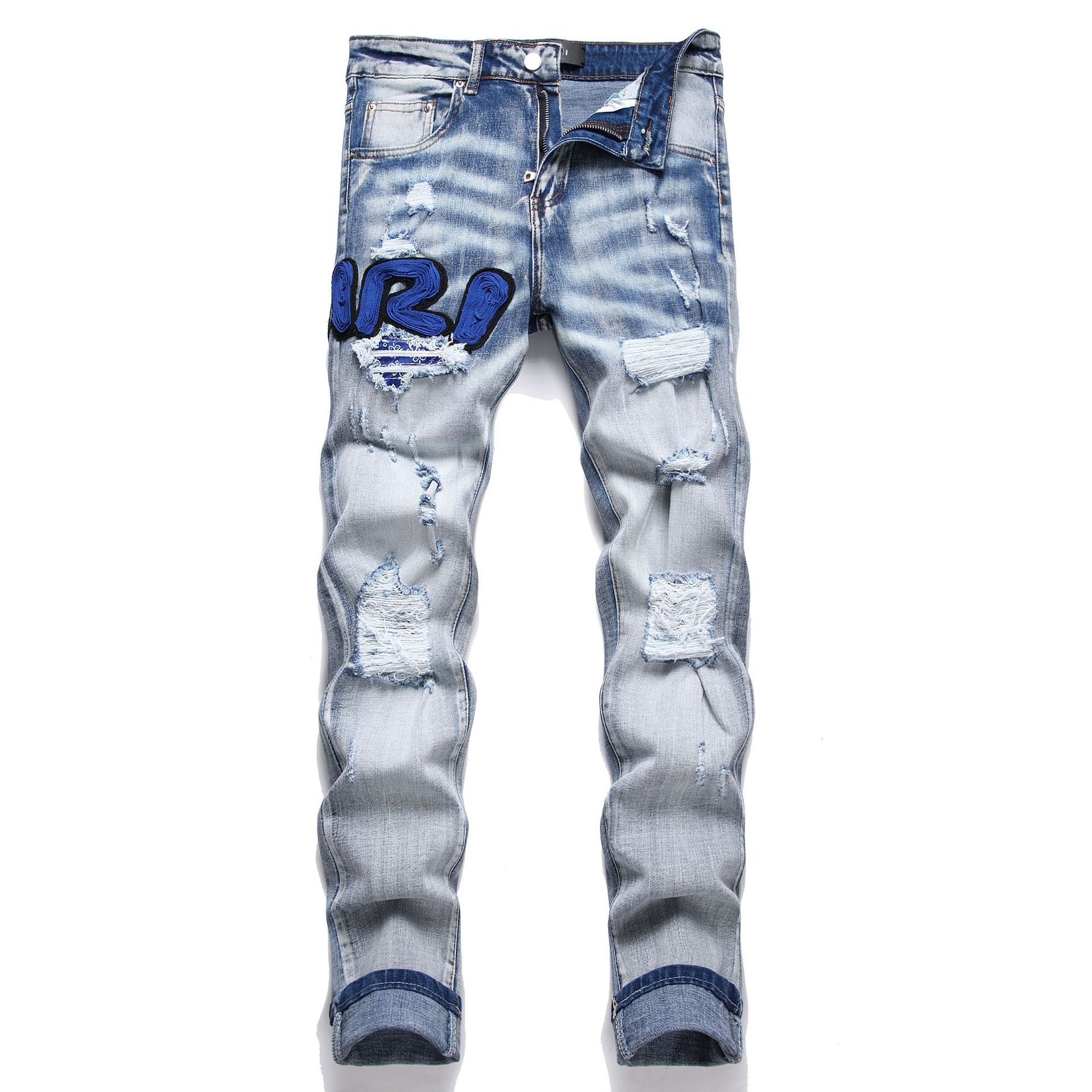 Amiri Blue Embroidered Distressed Patchwork Slim-Fit Jeans
