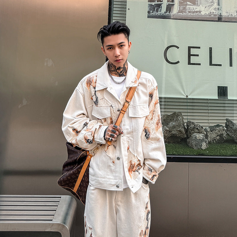 Men's niche design denim jacket pants