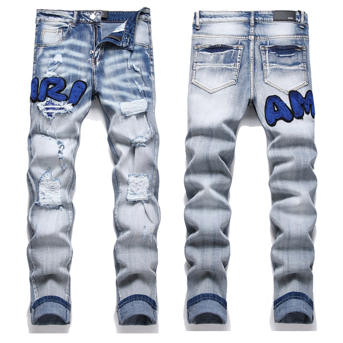 Amiri Blue Embroidered Distressed Patchwork Slim-Fit Jeans