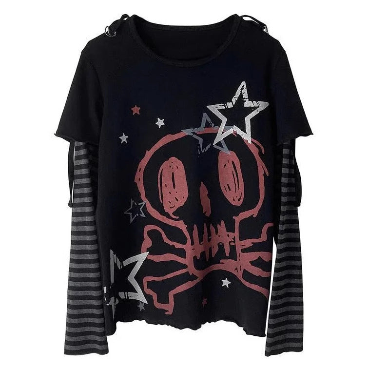 Punk Print Long Sleeve Fake Two Piece T-shirt