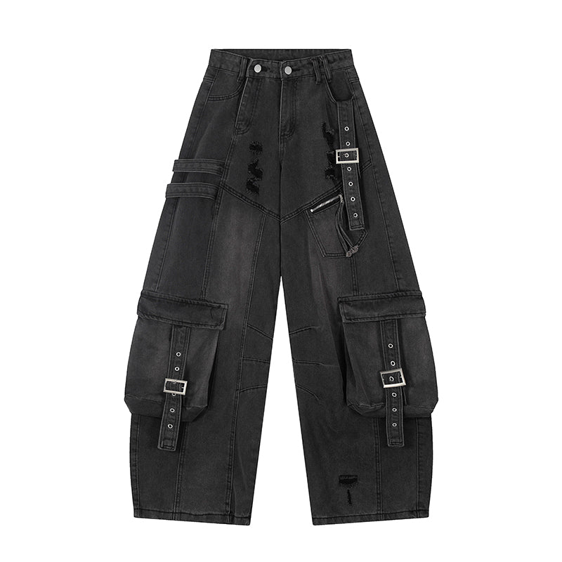 Heavy-Duty Washed Multi-Pocket Workwear Jeans