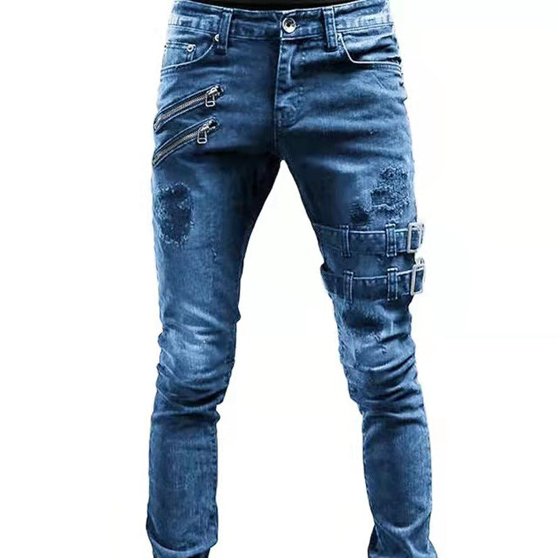 Slim-Fit Frayed Hole Motorcycle jeans