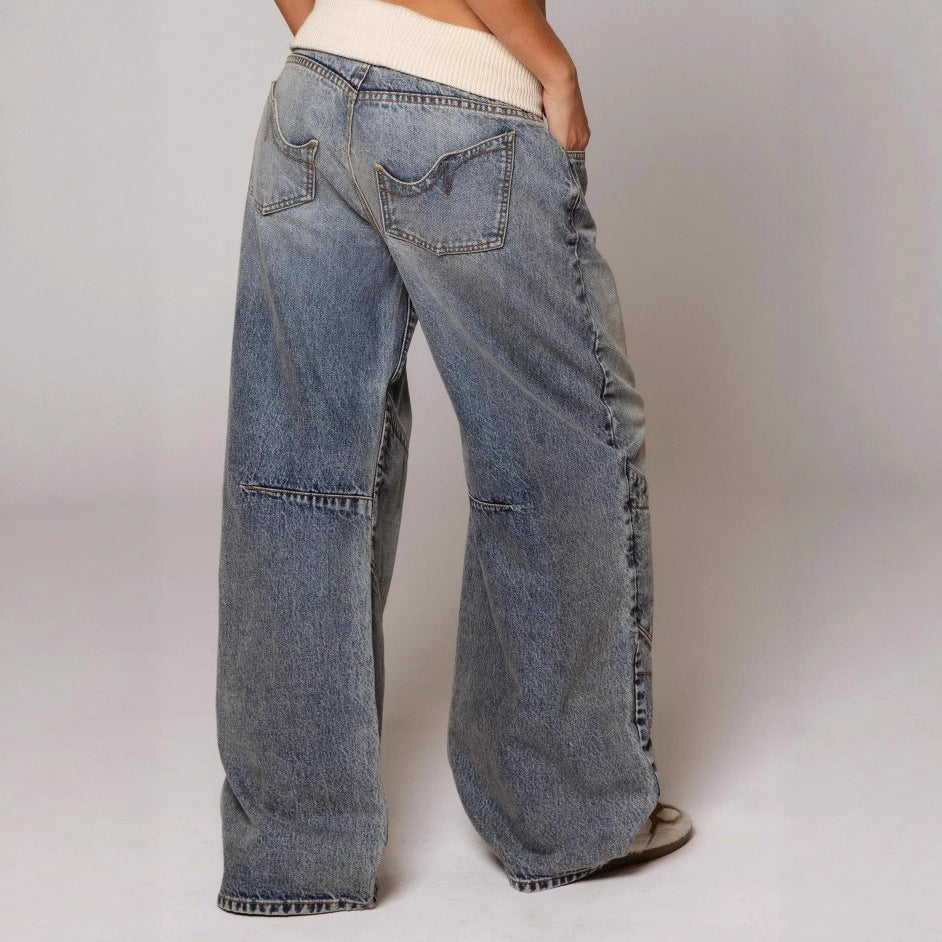 Washed and aged blue jeans for men and women