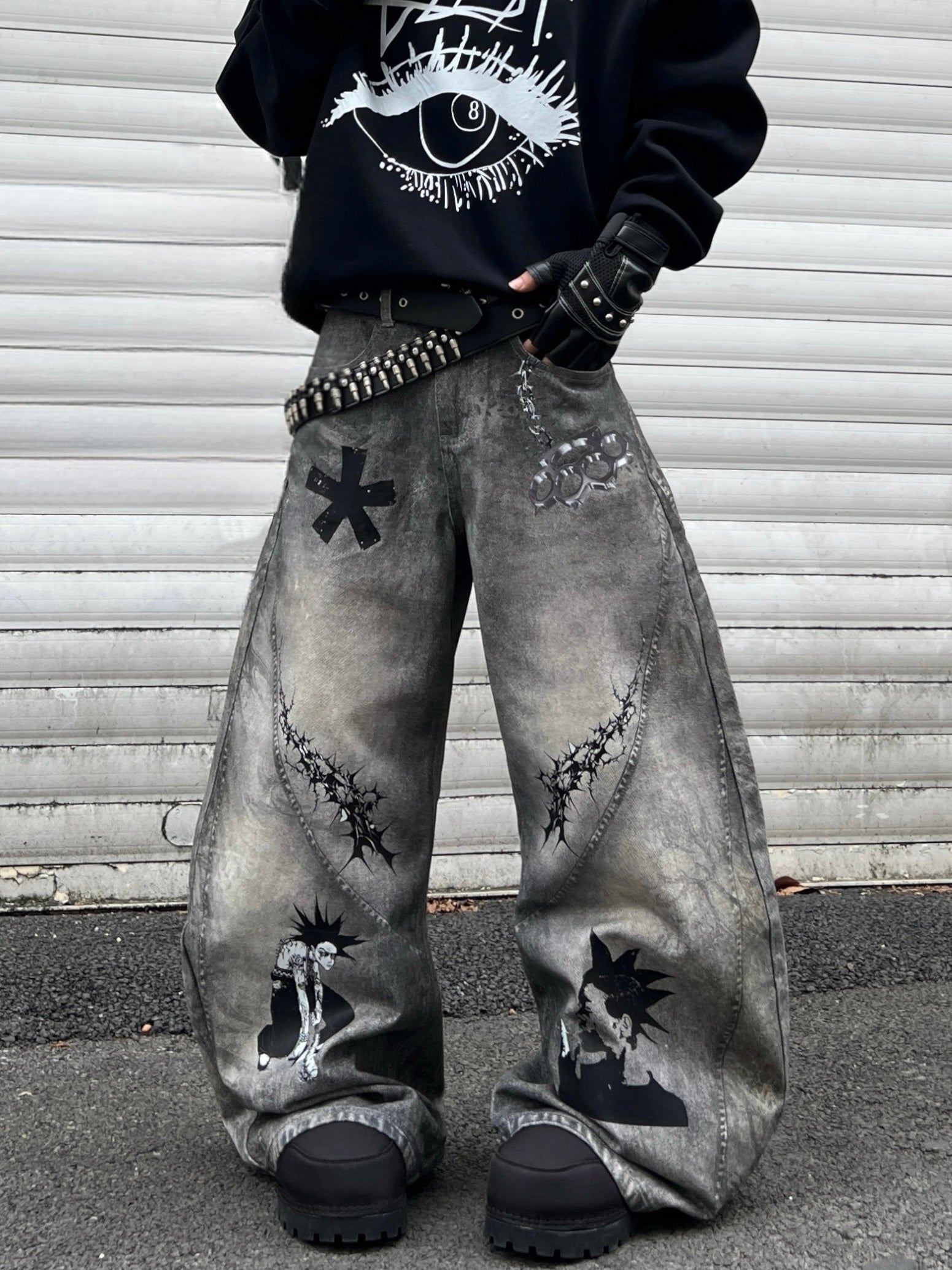 Baggy Unisex Dirty-Dye 3D Printed Denim Pants