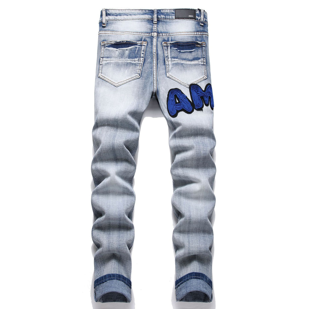 Amiri Blue Embroidered Distressed Patchwork Slim-Fit Jeans