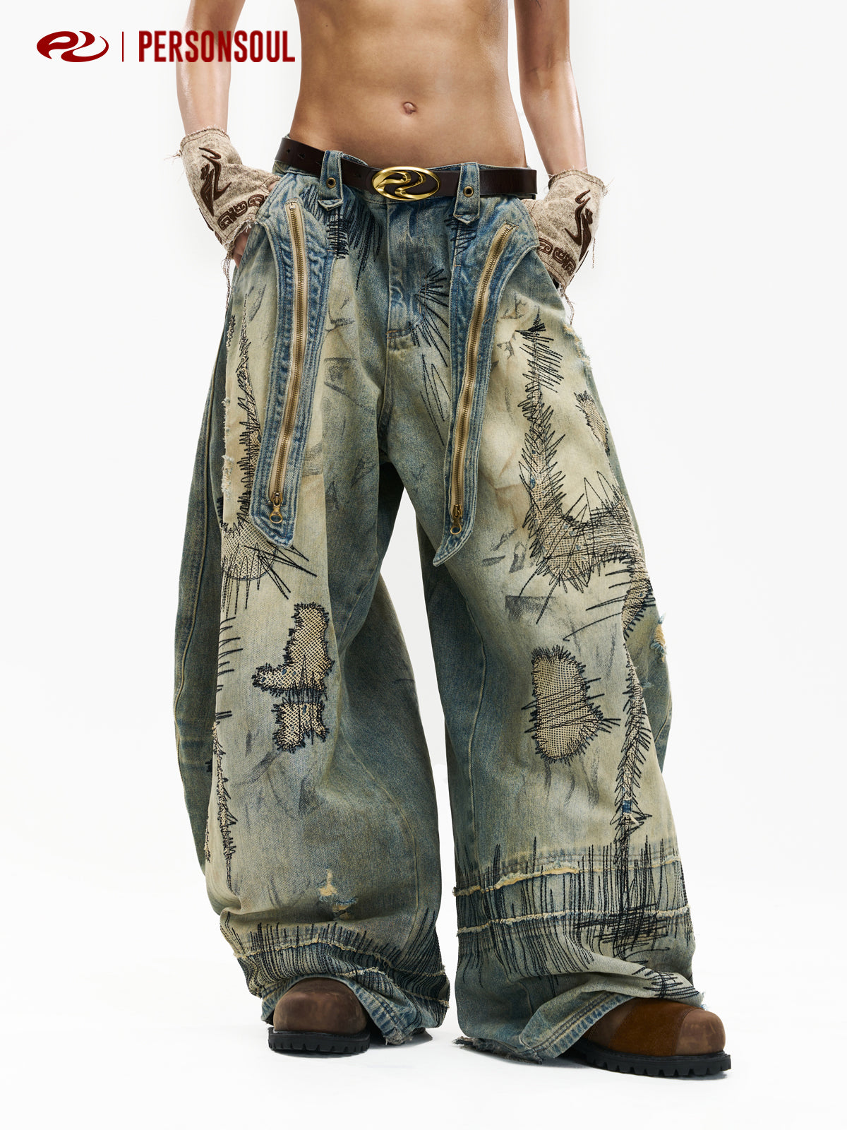 Baggy Wide-leg patchwork Embroidery Jeans