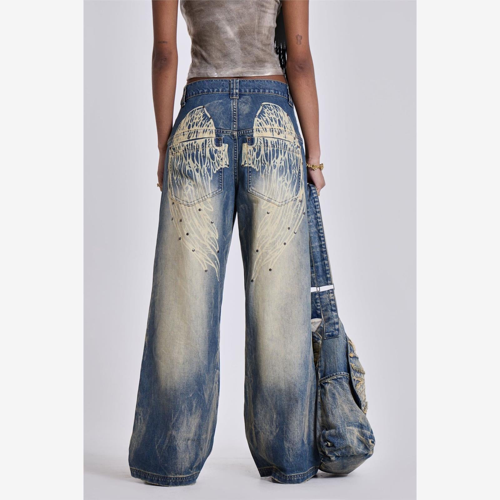 Distressed Wing print Loose wide-leg jeans
