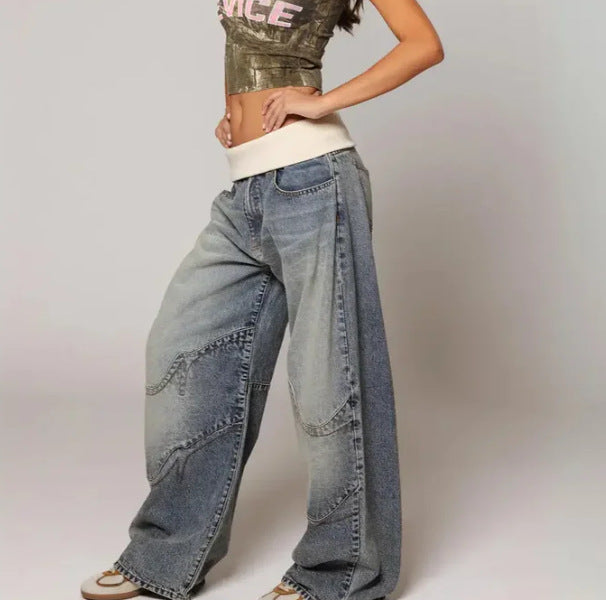 Washed and aged blue jeans for men and women