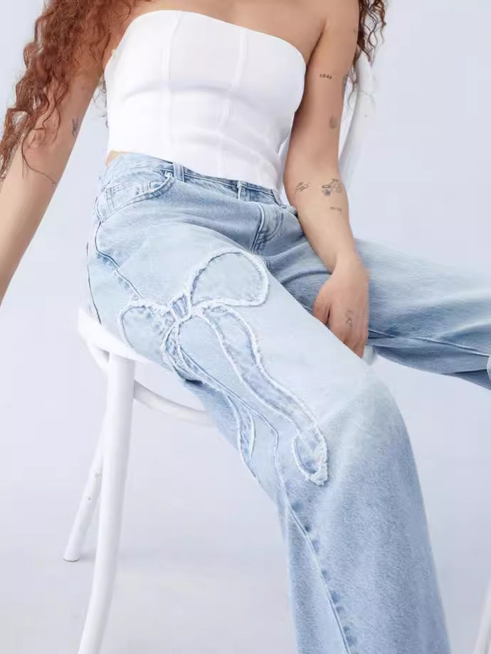 Embroidered High Waist Straight Leg Jeans