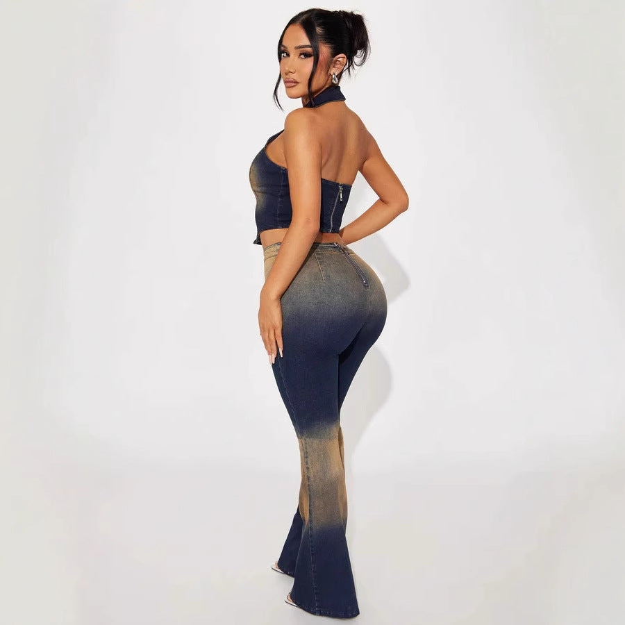 Slim-fit Elastic Flare Wash Jeans Two-piece Set