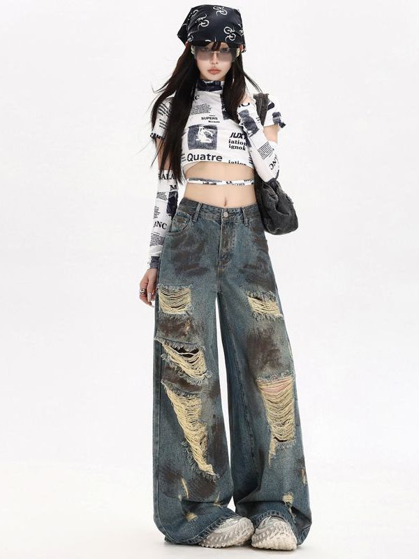 Wasteland wind-breaking hole jeans