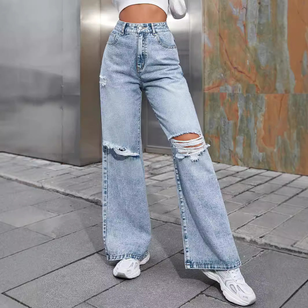Fashion Ripped High Waist Wide Leg Casual Jeans