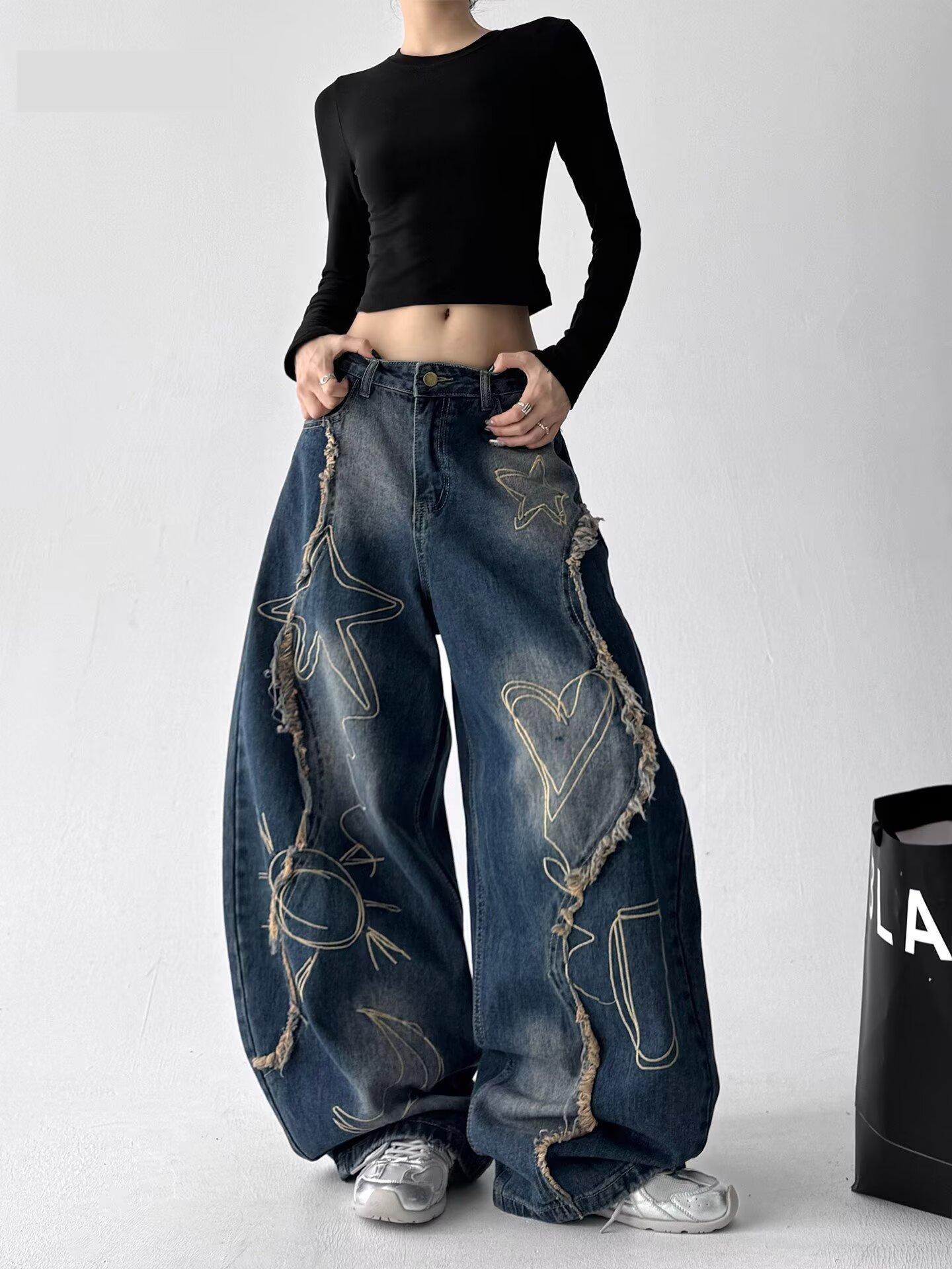 Hip-hop street wash-stained wide-leg jeans
