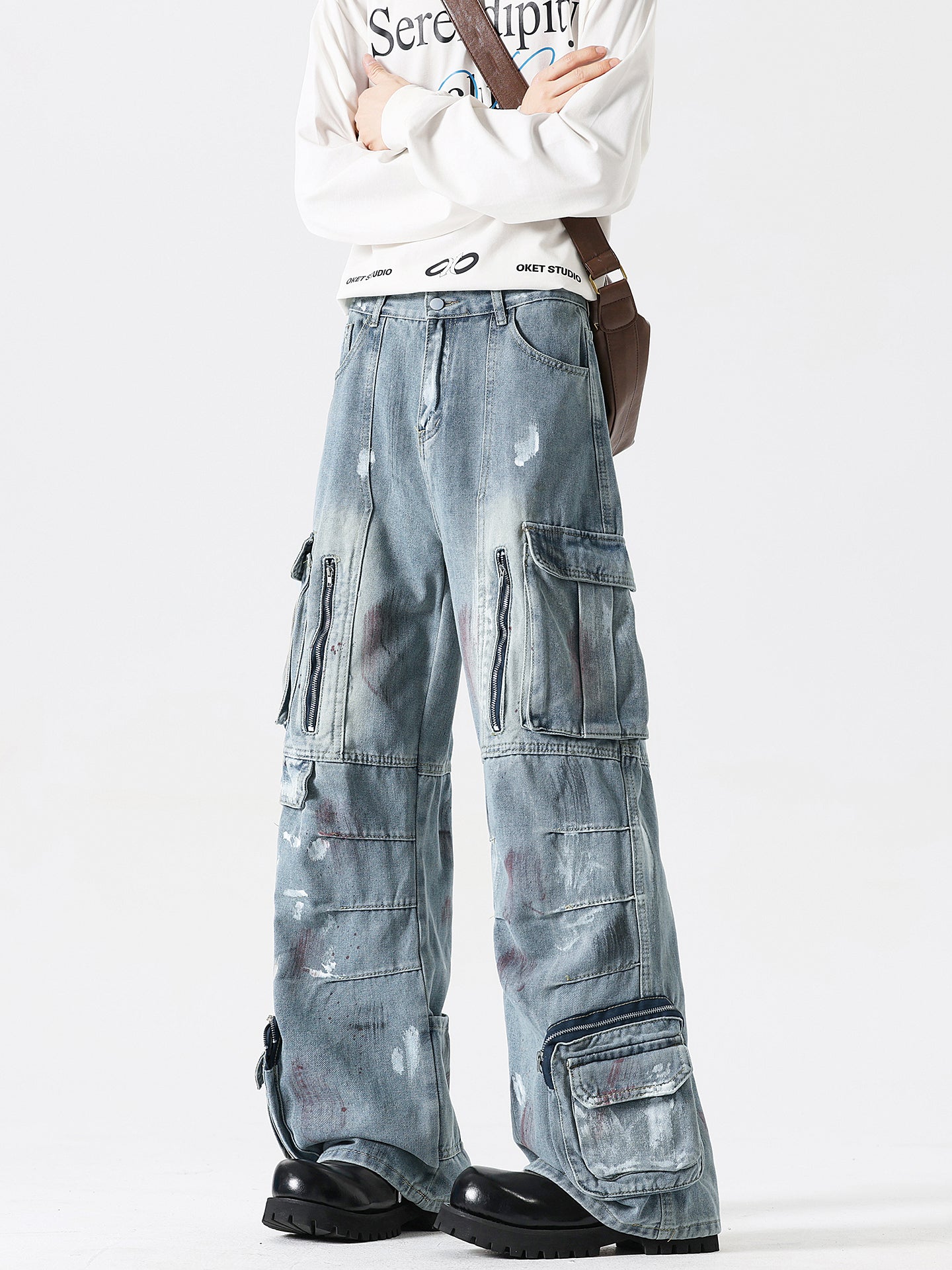 Retro splashed denim pants