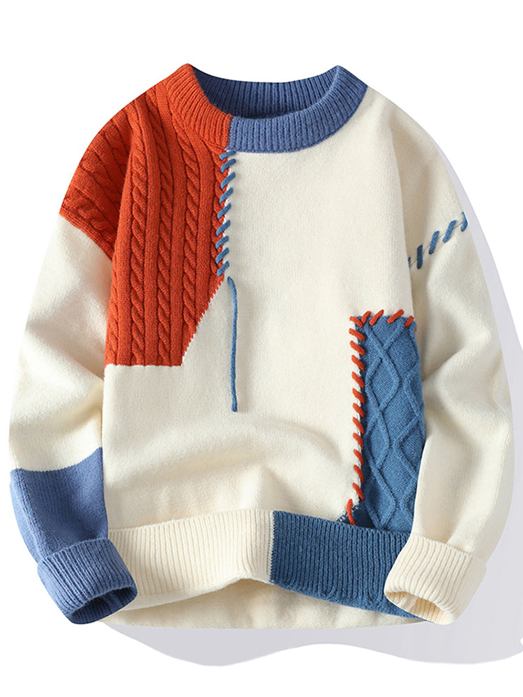 Color Blocked Loose Fit Knit Sweater for Men