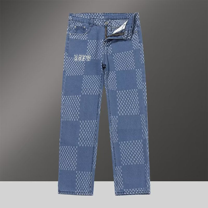 Plaid Denim Jacket and Pants Set for Men Retro Casual Outfit