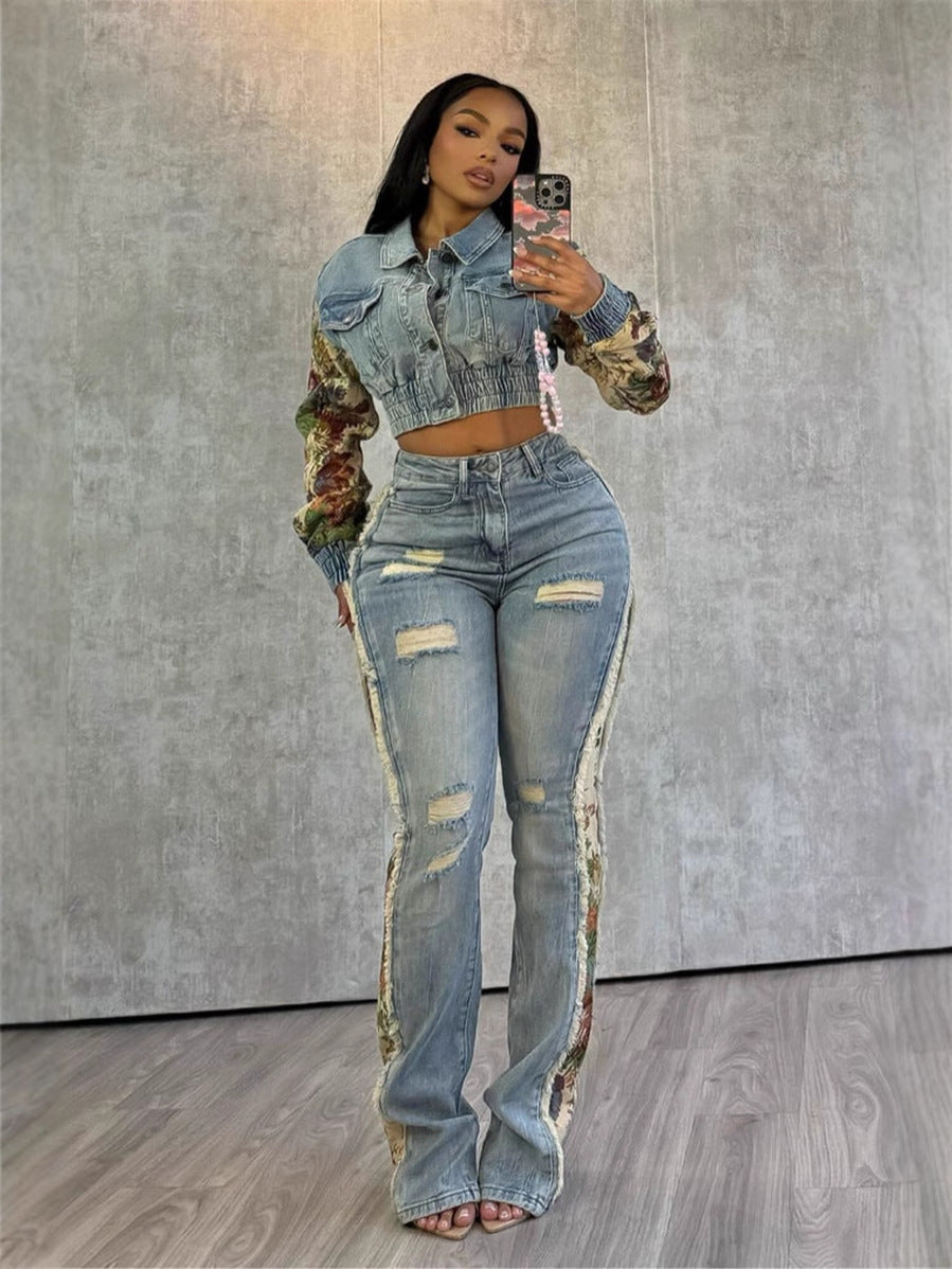 Printed Colorblock Denim Jacket and Jeans