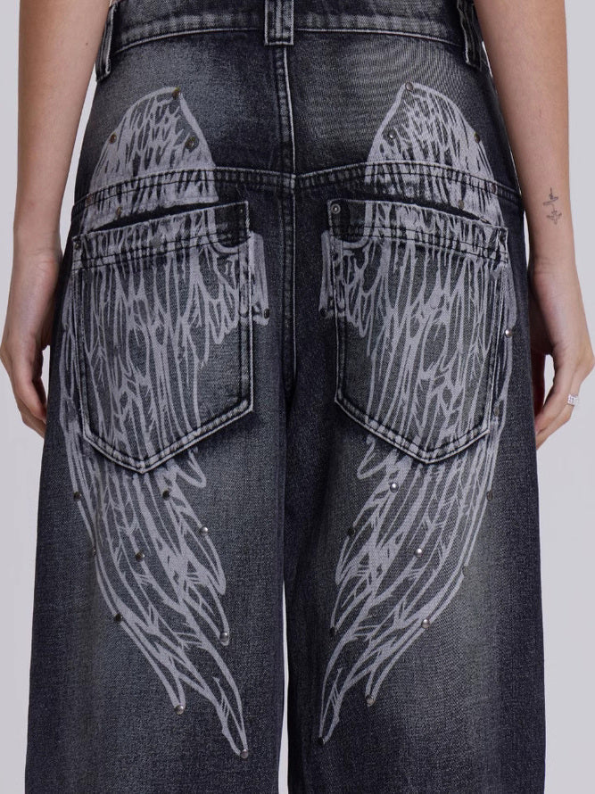 Distressed Wing print Loose wide-leg jeans