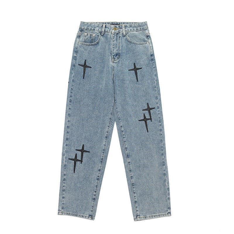 Retro cross patchwork blue denim pants