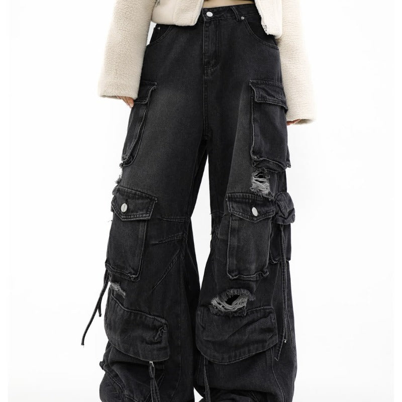 Men's Loose Straight Ripped Jeans with Multiple Pockets