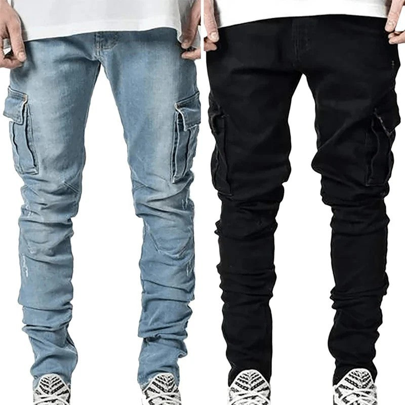 Men's Slim-fit Denim Pants with Multiple Pockets