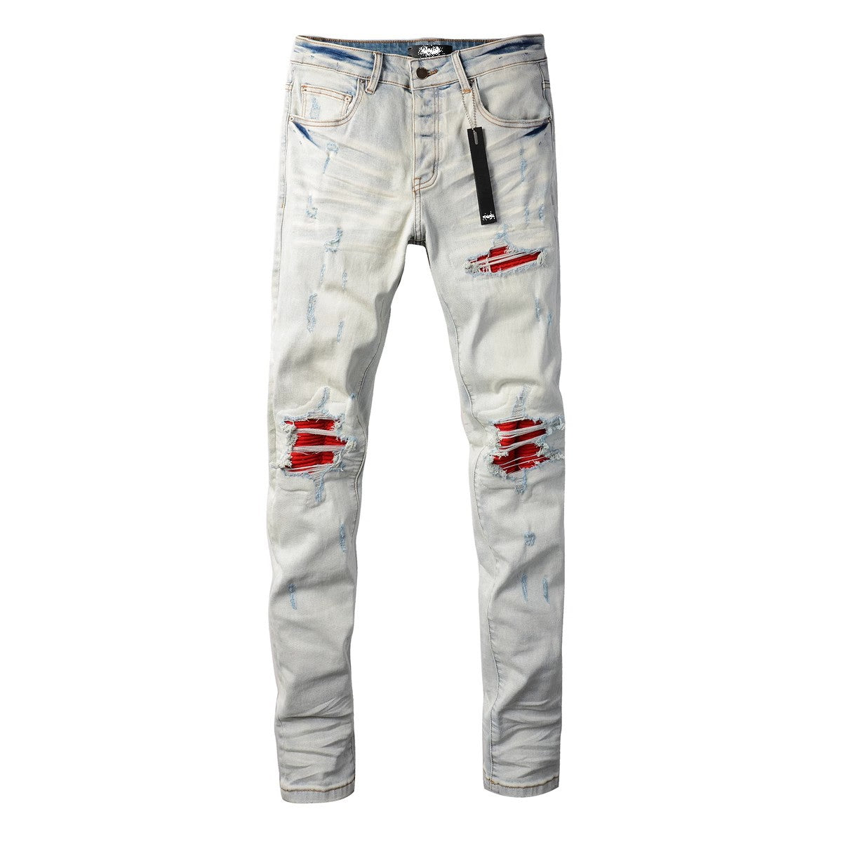 Distressed red patched jeans