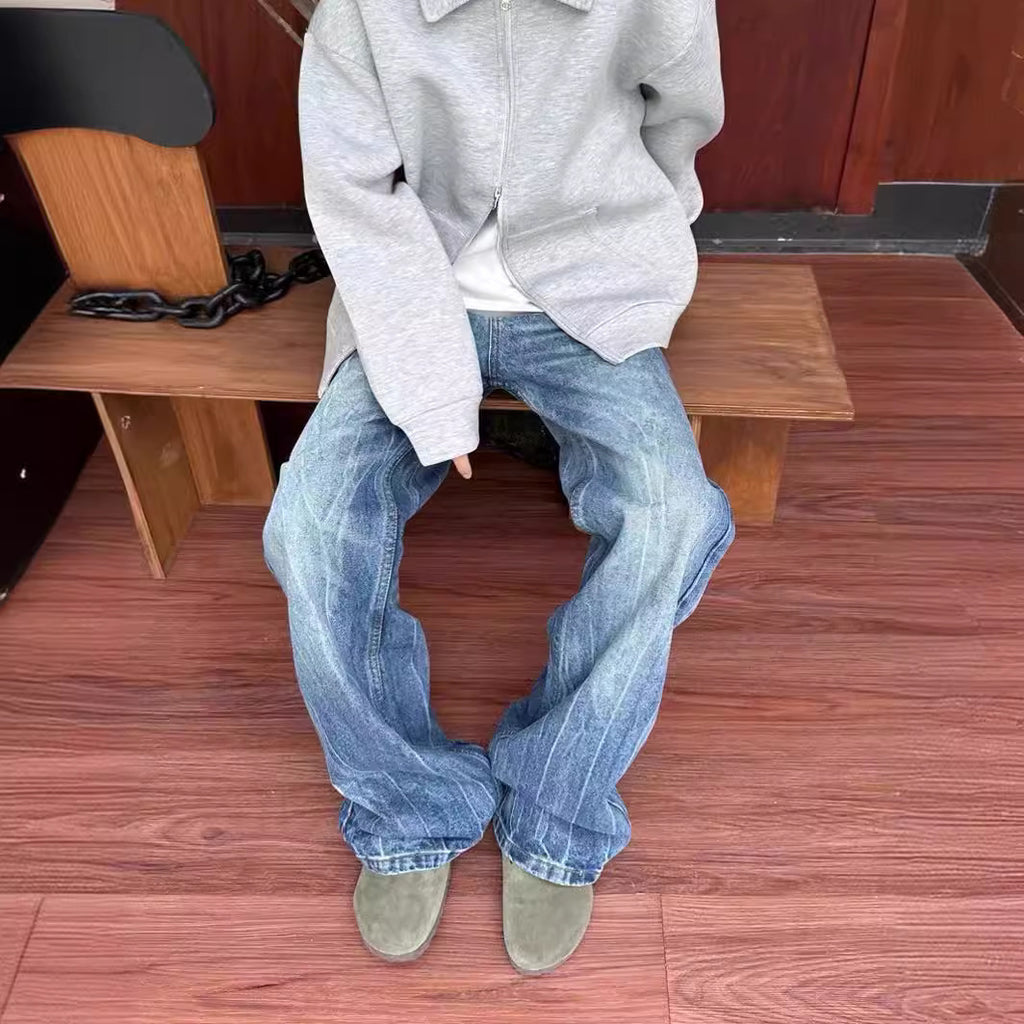 Men's Washed Distressed Straight Leg Slightly Flared Jeans