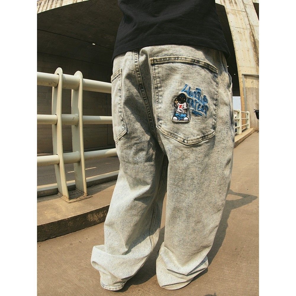 Blue cartoon embroidered skateboard jeans