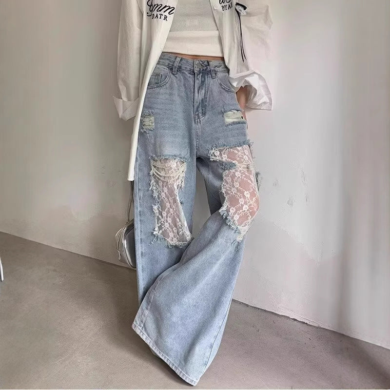 Retro Lace Stitched Wide-leg Women's Jeans