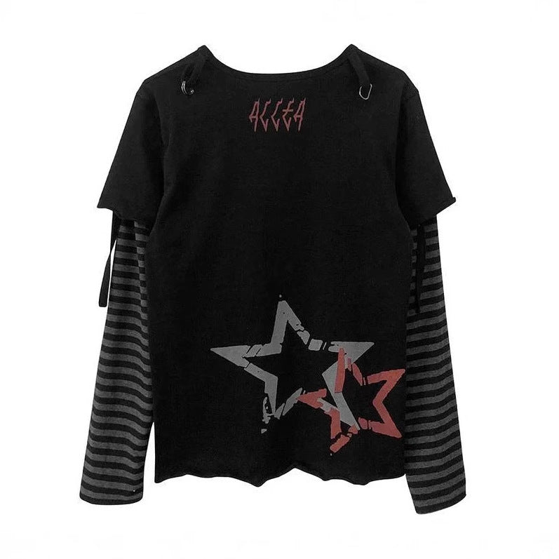 Punk Print Long Sleeve Fake Two Piece T-shirt