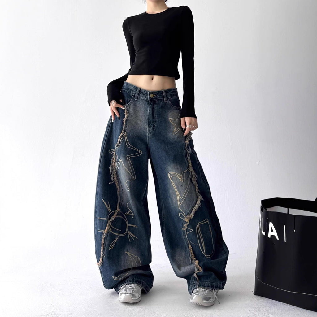 Hip-hop street wash-stained wide-leg jeans