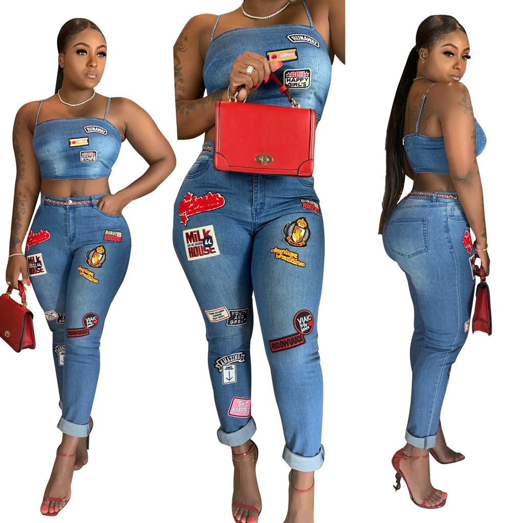 Cartoon patchwork flanged denim set