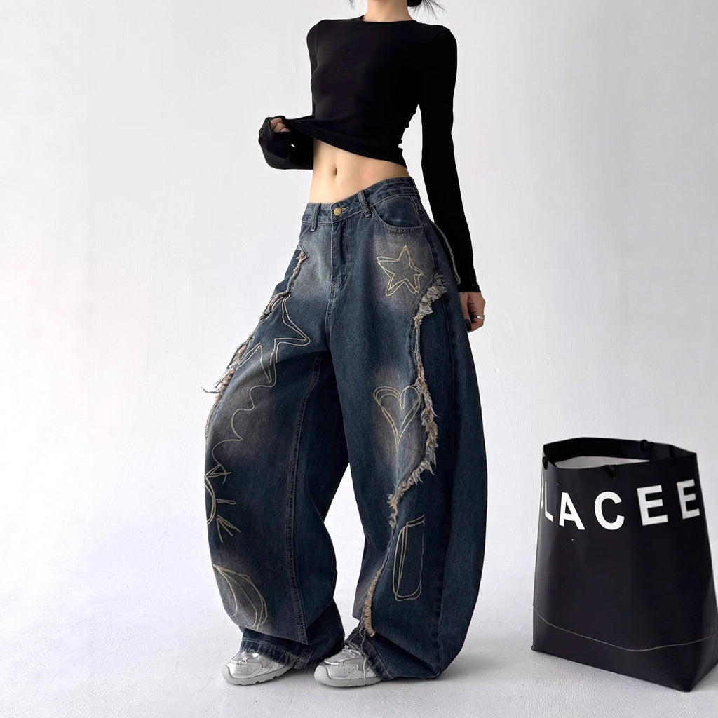 Hip-hop street wash-stained wide-leg jeans