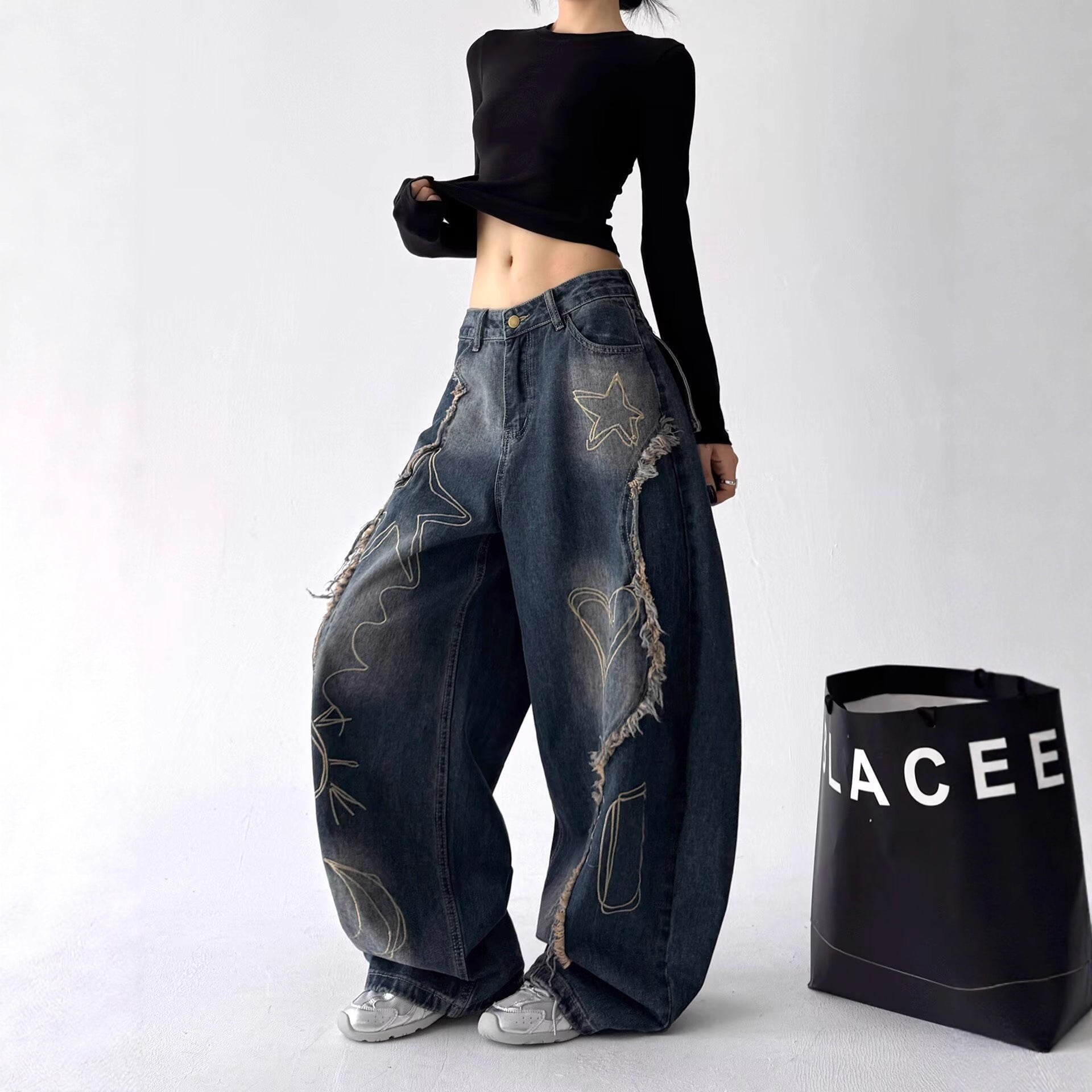 Hip-hop street wash-stained wide-leg jeans