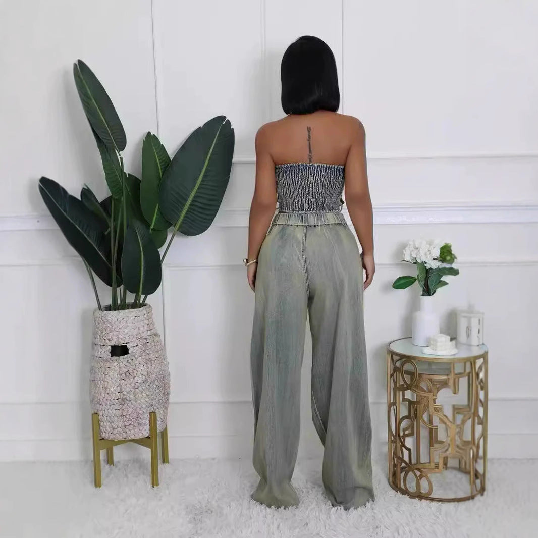 Women's Strapless Vest and Distressed Jeans Set