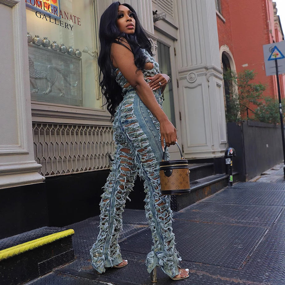 Jeans skirt set with high-waist slit jeans