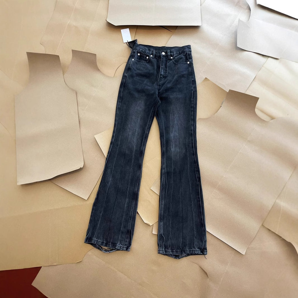 Men's Black Distressed Washed Micro-Flare Jeans