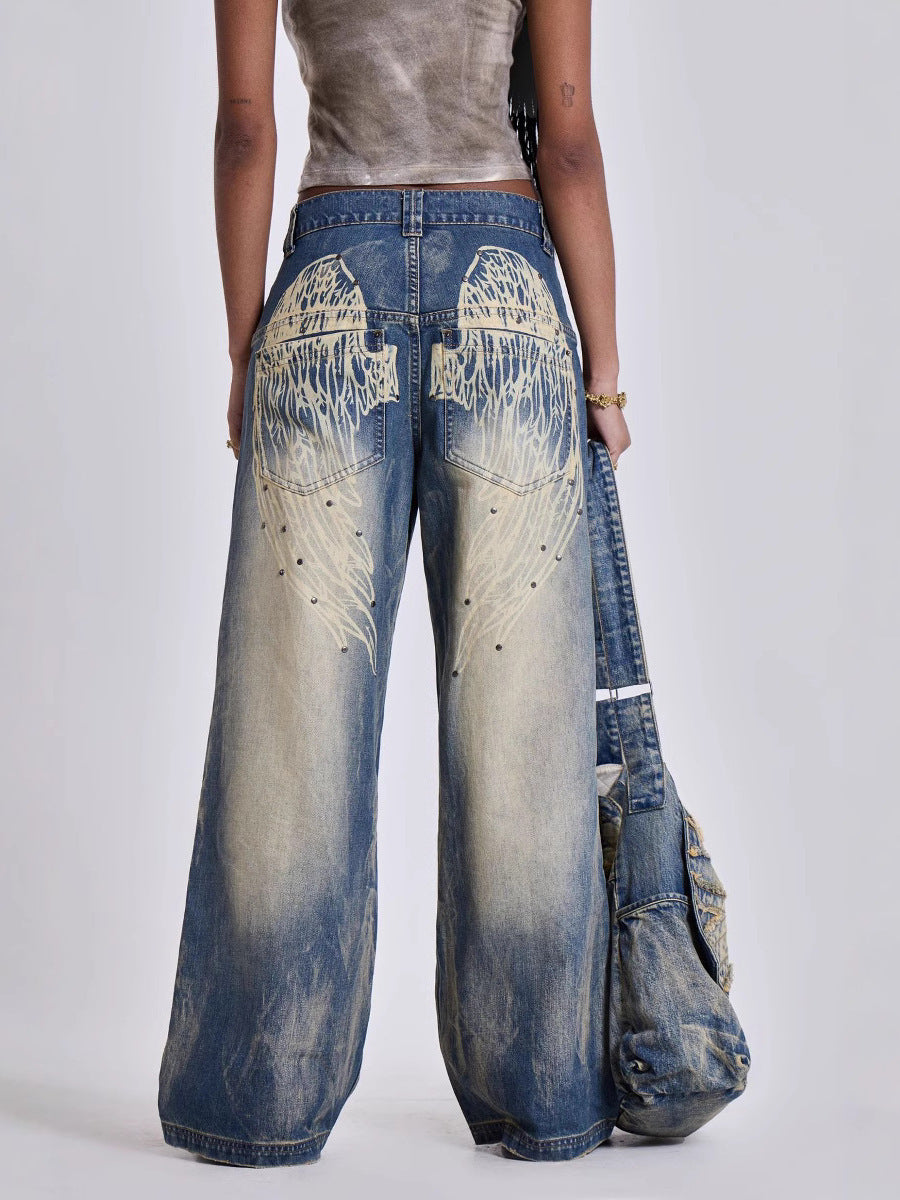 Distressed Wing print Loose wide-leg jeans
