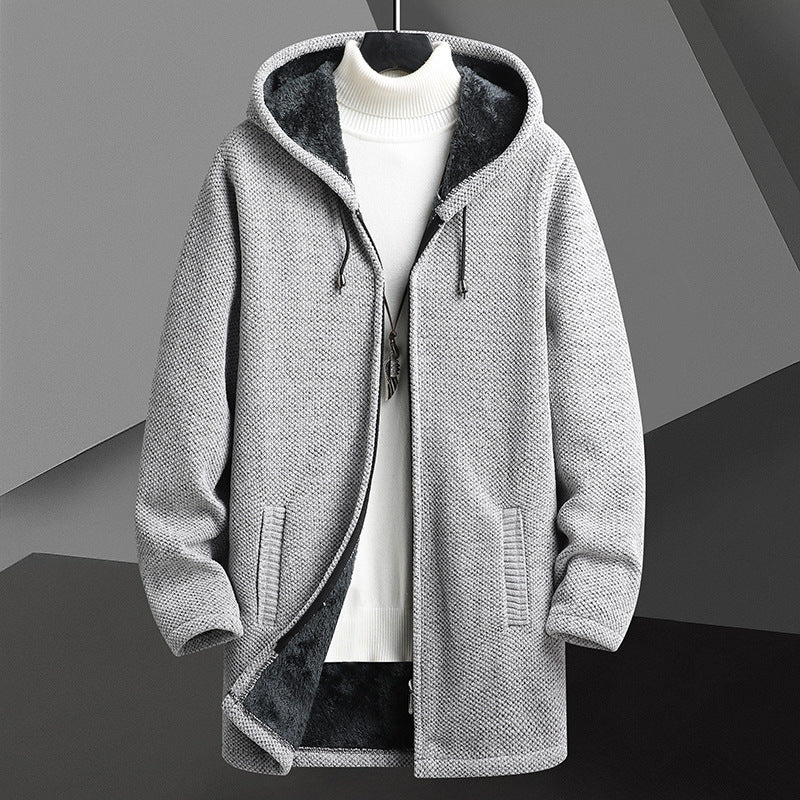 Men's Hooded Sweater Cardigan Autumn Winter Mid-Length Jacket