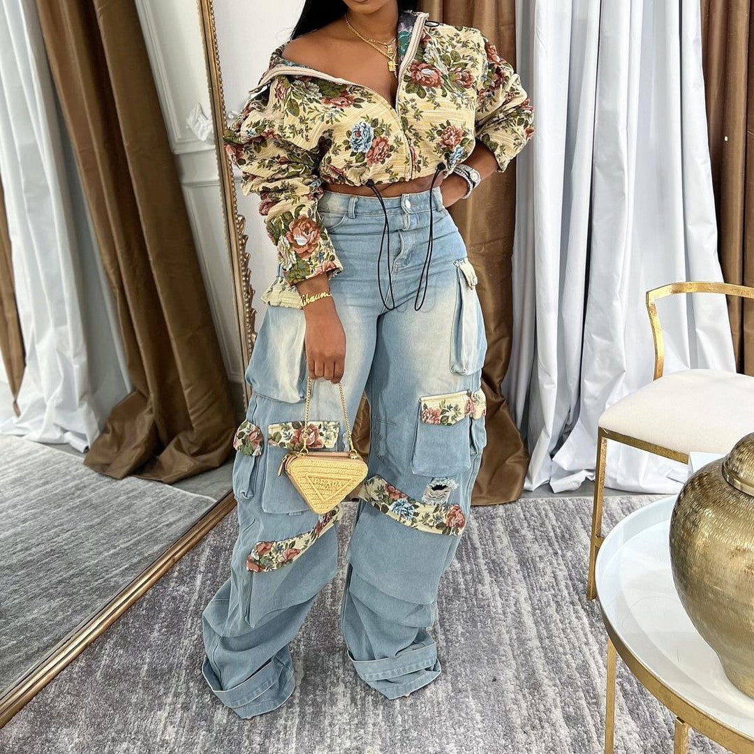 Denim cargo pants set