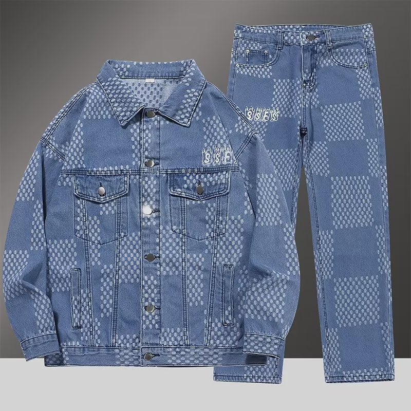Plaid Denim Jacket and Pants Set for Men Retro Casual Outfit