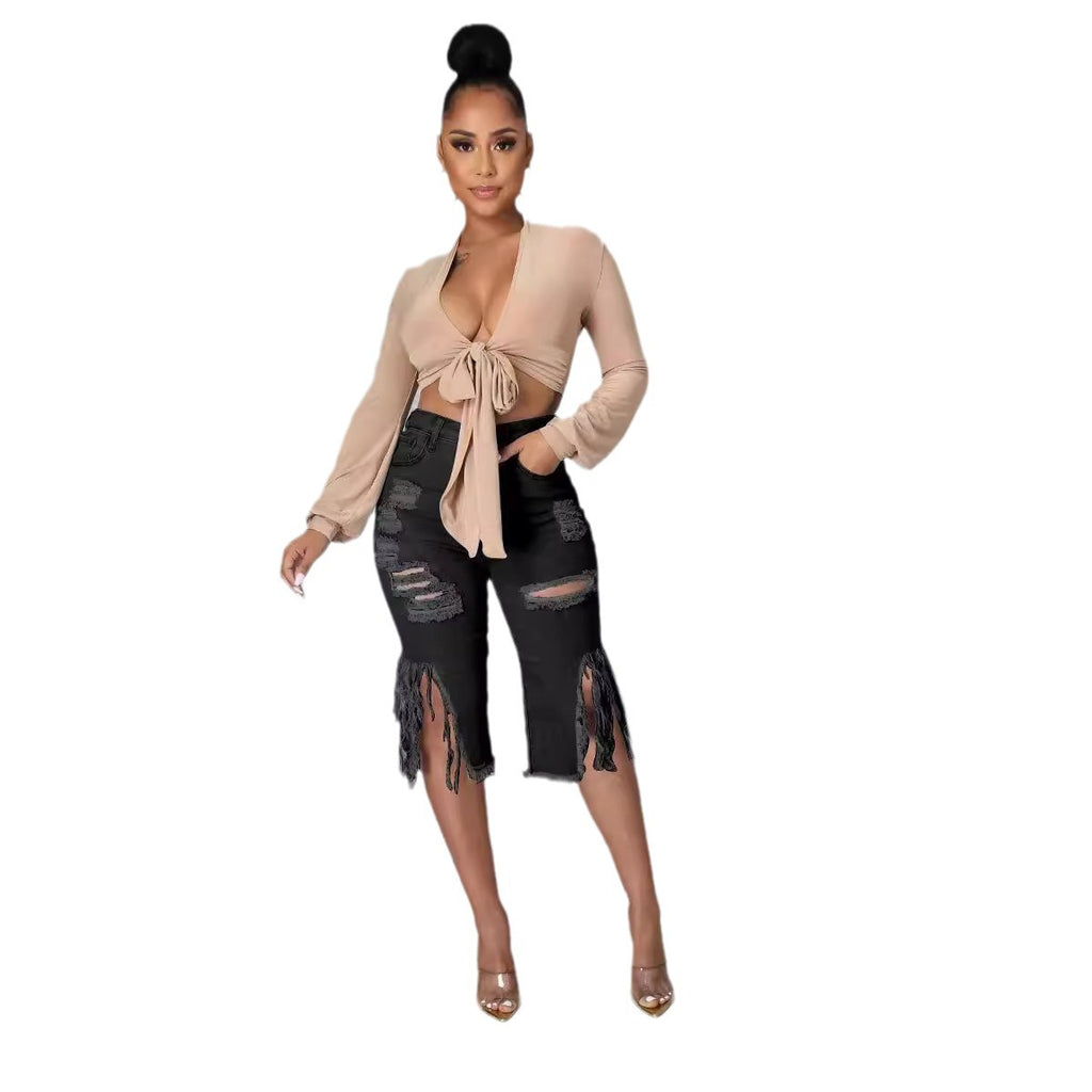 Stretch Fringe Ripped Denim Pants